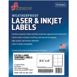 SKILCRAFT Weatherproof Mailing Labels - 3 21/64"x 4" - Permanent Adhesive - Rectangle - Laser, Inkjet - 6736217