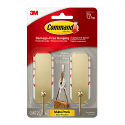 Command Medium Satin Brass Hooks, 3 lb, 2 Medium Hooks, 4 Medium Strips