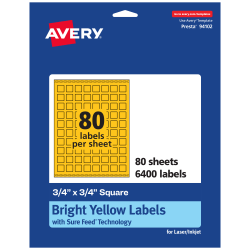 Avery® Print-To-The-Edge Labels With Sure Feed® Technology And Easy Peel® Label Feature, 94102-BYP80, Square, 3/4" x 3/4", Matte Bright Yellow, Pack of 6400
