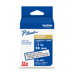 Brother P-touch TZeM51, Premium Matte Laminated, ~1in x 26.2ft (24mm x 8m), Black on Clear Label Tape