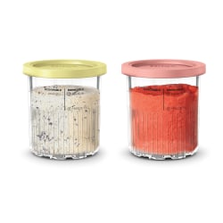 Ninja CREAMi Deluxe Pints And Lids, 4-11/16"H x 4-9/16"W x 9-1/4"D, Clear/Pink/Yellow, Total Quantity 2