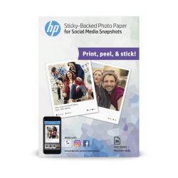 HP Social Media Snapshots Sticky-Back Photo Paper, 4" x 5", White, Pack Of 25 Sheets
