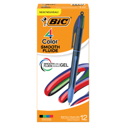 BIC 4-Color Smooth Retractable Ball Point Pen, Medium 1.0mm, Blue Barrel, Assorted Ink, Pack of 12
