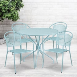 Flash Furniture Commercial-Grade Round Indoor/Outdoor Metal Patio Table Set With 4 Round-Back Chairs, 28-3/4"H x 35-1/4"W x 35-1/4"D, Sky Blue