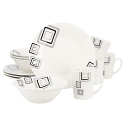 Gibson Home Black Squares 12-Piece Round Fine Ceramic Dinnerware Set, White/Black