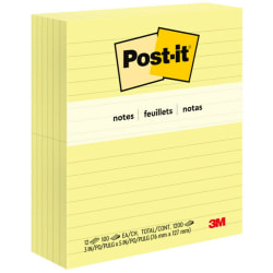 Post-it Notes, 3 in x 5 in, 12 Pads, 100 Sheets/Pad, Clean Removal, Canary Yellow, Lined