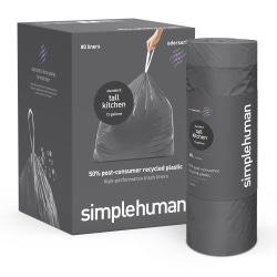 simplehuman Extra Strong Tall Kitchen Bags, 13 Gallon, Gray, 20 Liners Per Roll, Pack Of 4 Rolls