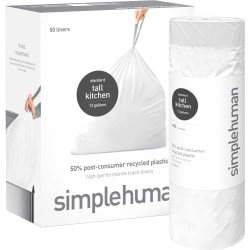 simplehuman Extra-Strong Tall Kitchen Liners, 13 Gallon, 50% Recycled, White, 20 Liners Per Roll, Pack Of 4 Rolls