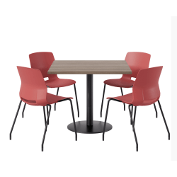 KFI Studios Proof Cafe Pedestal Table With Imme Chairs, Square, 29"H x 42"W x 42"W, Studio Teak Top/Black Base/Coral Chairs