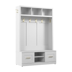 Bush Furniture Hampton Heights Entryway Storage Set With 48"W Hall Tree And Shoe Bench With Doors, White, Standard Delivery