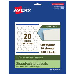 Avery® Print-to-the-Edge Dissolvable Labels With Sure Feed® Technology, 94506-DWMP10, Round, 1-1/2", Matte Off-White, Pack Of 200