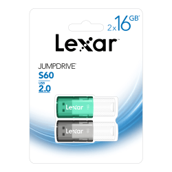 Lexar® JumpDrive® S60 USB 2.0 Flash Drives, 16GB, Black/Teal, Pack Of 2 Flash Drives, LJDS60-16GB2NNU