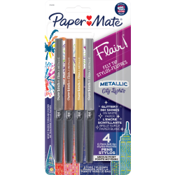 Paper Mate® Flair Metallic Porous Point Pens, Medium Point, 0.7 mm, Assorted Barrel Colors, Assorted Ink Colors, Pack Of 4 Pens