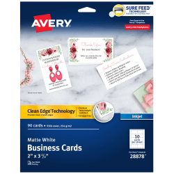 Avery® Clean Edge® Printable Business Cards With Sure Feed® Technology For Inkjet Printers, 2" x 3-1/2", White, Pack Of 90 Blank Cards