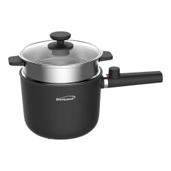 Brentwood® 1.6-Qt. 600-Watt Multifunction Electric Hot Pot Cooker with Ceramic Nonstick Coating, Stainless-Steel Food Steamer & Straight Handle, Black, HPS-3150BK