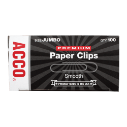 ACCO® Premium Paper Clips, 1000 Total, Jumbo, Silver, 100 Per Box, Pack Of 10 Boxes