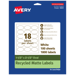 Avery® Recycled Paper Labels, 94051-EWMP100, Oval, 1-1/2" x 2-1/2", White, Pack Of 1800