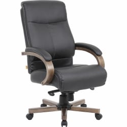 Lorell® Bonded Leather High-Back Executive Chair, With Wood frame, Black/Medium Finish