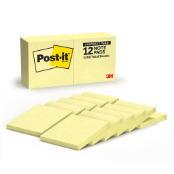 Post-it® Sticky Notes, 3 in x 3 in, 12 Pads, 100 Sheets/Pad, School and Office Supplies, Canary Yellow