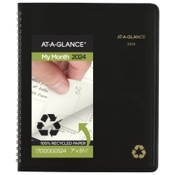 2024 AT-A-GLANCE® Recycled Monthly Planner, 7" x 8-3/4", 100% Recycled, Black, January To December 2024, 70120G05