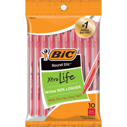 BIC Round Stic Xtra Life Ballpoint Pens, Medium Point, 1.0 mm, Translucent Red Barrels, Red Ink, Pack Of 10 Pens