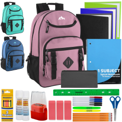 Trailmaker Double Buckle Backpacks With 30-Piece School Supply Kits, Blue/Green/Purple, Total Qty 12