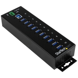 StarTech.com 10 Port Industrial USB 3.0 Hub - ESD and Surge Protection - DIN Rail or Surface-Mountable Metal Housing - Add ten USB 3.0 (5Gbps) ports with this DIN rail or surface-mountable metal hub - 15kV ESD & 350W Surge Protection
