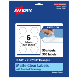 Avery® Permanent Labels With Sure Feed®, 94121-CMF50, Hexagon, 2-1/2" x 2-57/64", Matte Clear, Pack Of 300