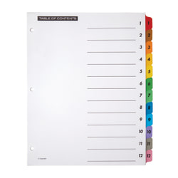 Office Depot® Brand Table Of Contents Customizable Index With Preprinted Tabs, Assorted Colors, Numbered 1-12