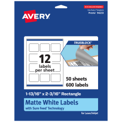 Avery® Print-To-The-Edge TrueBlock® Labels With Sure Feed®, 94233-TWMP50, Rectangle, 1-13/16" x 2-3/16", Matte White, Pack Of 600