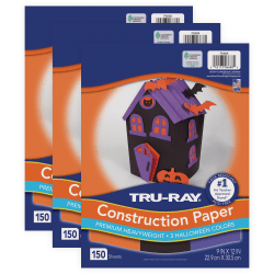 Tru-Ray Construction Paper, Heavyweight, 9" x 12", Halloween Assortment, Black, Orange, Purple, 150 sheets Per Pack, Set Of 3 Packs