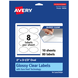Avery® Glossy Permanent Labels With Sure Feed®, 94056-CGF10, Oval, 2" x 3-1/3", Clear, Pack Of 80