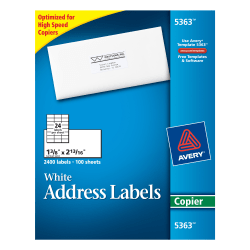 Avery® Mailing Labels for Copiers - Permanent Adhesive - 1 3/8" Width x 2 13/16" Length - Rectangle - White - 2400 / Box