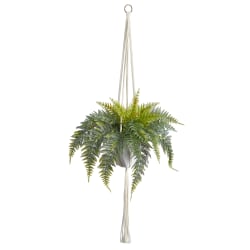 Nearly Natural Hanging Fern 25"H Artificial Plant With Decorative Basket, 25"H x 16"W x 12"D, Green/White