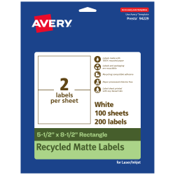 Avery® Recycled Paper Labels, 94229-EWMP100, Rectangle, 5-1/2" x 8-1/2", White, Pack Of 200
