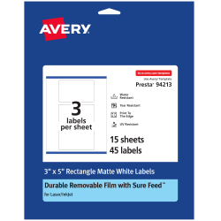 Avery® Durable Removable Labels With Sure Feed®, 94213-DRF15, Rectangle, 3" x 5", White, Pack Of 45