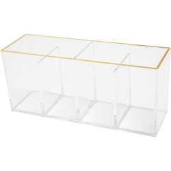 Martha Stewart Kerry Plastic 4-Compartment Pen Holder Office Desktop Organizer, 3-3/4"H x 2-3/4"W x 8-3/4"D, Clear/Gold Trim