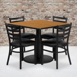 Flash Furniture Square Laminate Table Set With Round Base And 4 Ladder Back Metal Chairs, 30"H x 36"W x 36"D, Natural/Black