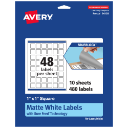 Avery® Print-To-The-Edge TrueBlock® Labels With Sure Feed®, 94103-TWMP10, Square, 1" x 1", Matte White, Pack Of 480