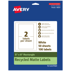 Avery® Recycled Paper Labels, 94257-EWMP50, Rectangle, 5" x 6", White, Pack Of 100