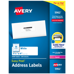 Avery® Easy Peel® Address Labels With Sure Feed® Technology, 5962, Rectangle, 1-1/3" x 4", White, Pack Of 3,500