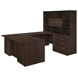 Bush Business Furniture Office 500 72"W U-Shaped Executive Corner Desk With Drawers And Hutch, Black Walnut, Standard Delivery