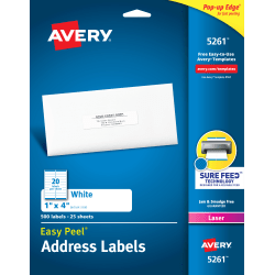 Avery® Easy Peel® Address Labels With Sure Feed Technology, 5261, Rectangle, 1" x 4", White, Pack Of 500