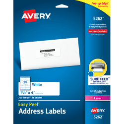 Avery® Easy Peel® Address Labels With Sure Feed® Technology, 5262, Rectangle, 1-1/3" x 4", White, Pack Of 350
