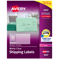 Avery® Matte Shipping Labels With Sure Feed® Technology, 5663, Rectangle, 2" x 4", Clear, Pack Of 500
