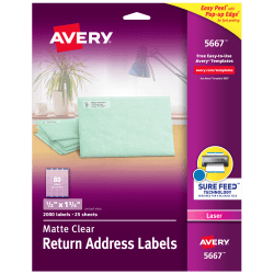 Avery® Return Address Labels With Sure Feed® Technology, 5667, Rectangle, 1/2" x 1-3/4", Clear, Pack Of 2,000