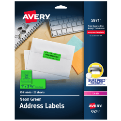 Avery® High-Visibility Permanent Laser ID Labels, 5971, 1" x 2 5/8", Neon Green, Pack Of 750