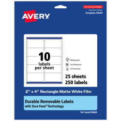 Avery® Durable Waterproof Removable Labels, Rectangle, 2" x 4", Matte White, Pack Of 250