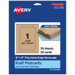 Avery® Printable Postcards With Sure Feed® Technology, 6" x 9" Rectangle Flourished Edge, Kraft Brown, Pack Of 50
