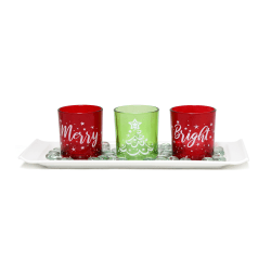 Elegant Designs Merry & Bright Christmas Candle Holder Set, 3-1/2" x 5" x 14", Green/Red, Set Of 3 Holders
